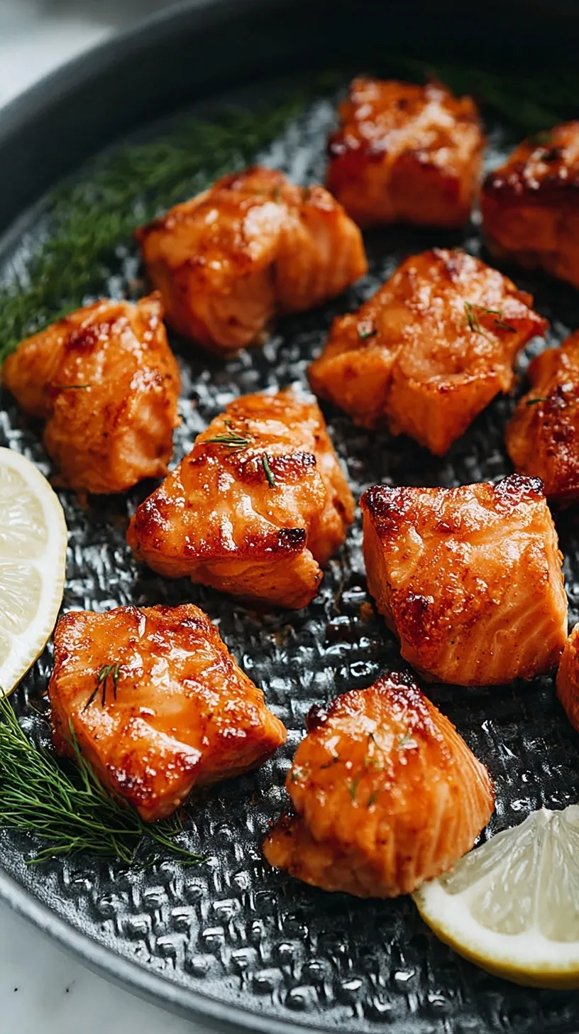 Bite-sized seasoned salmon cubes cooked to golden perfection in an air fryer basket.