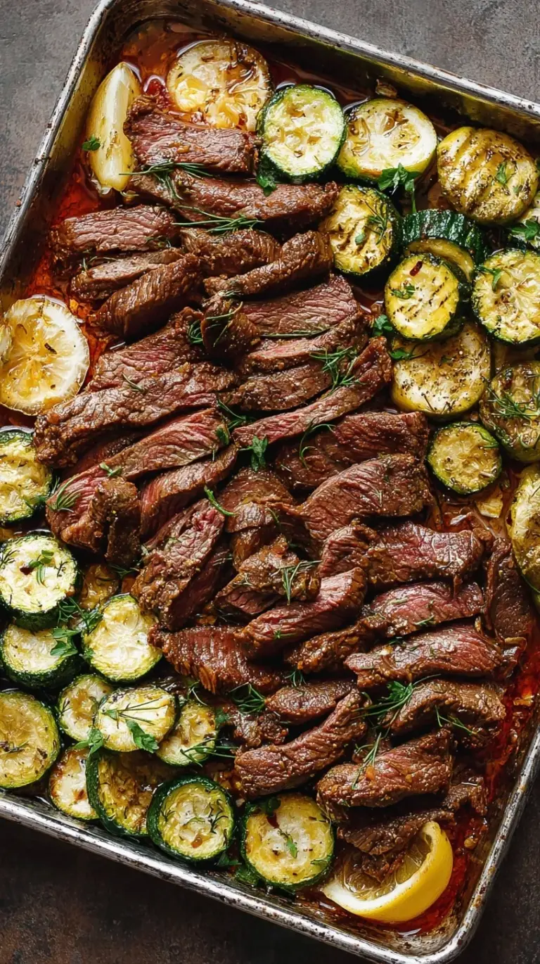 Sizzling sirloin steak pieces and charred zucchini rounds on a rimmed sheet pan with lemon wedges.
