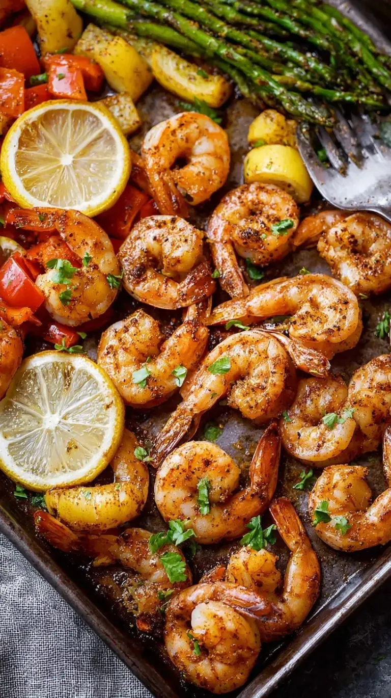A roasted shrimp sheet pan with asparagus, red peppers, and lemon slices garnished with fresh parsley.
