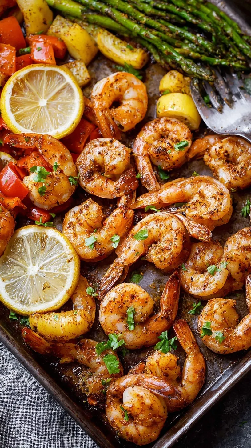 A roasted shrimp sheet pan with asparagus, red peppers, and lemon slices garnished with fresh parsley.