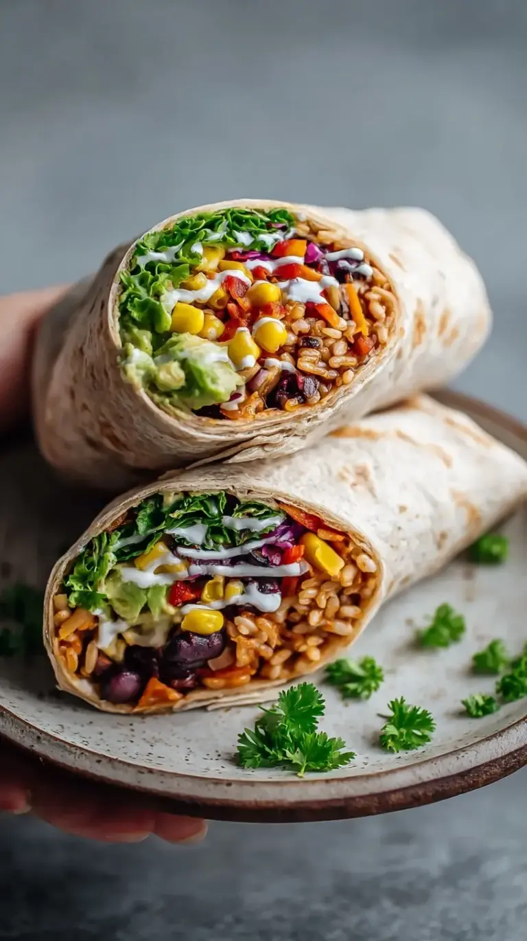 Two vegan burrito wraps filled with black beans, rice, and avocado on a clean white plate.