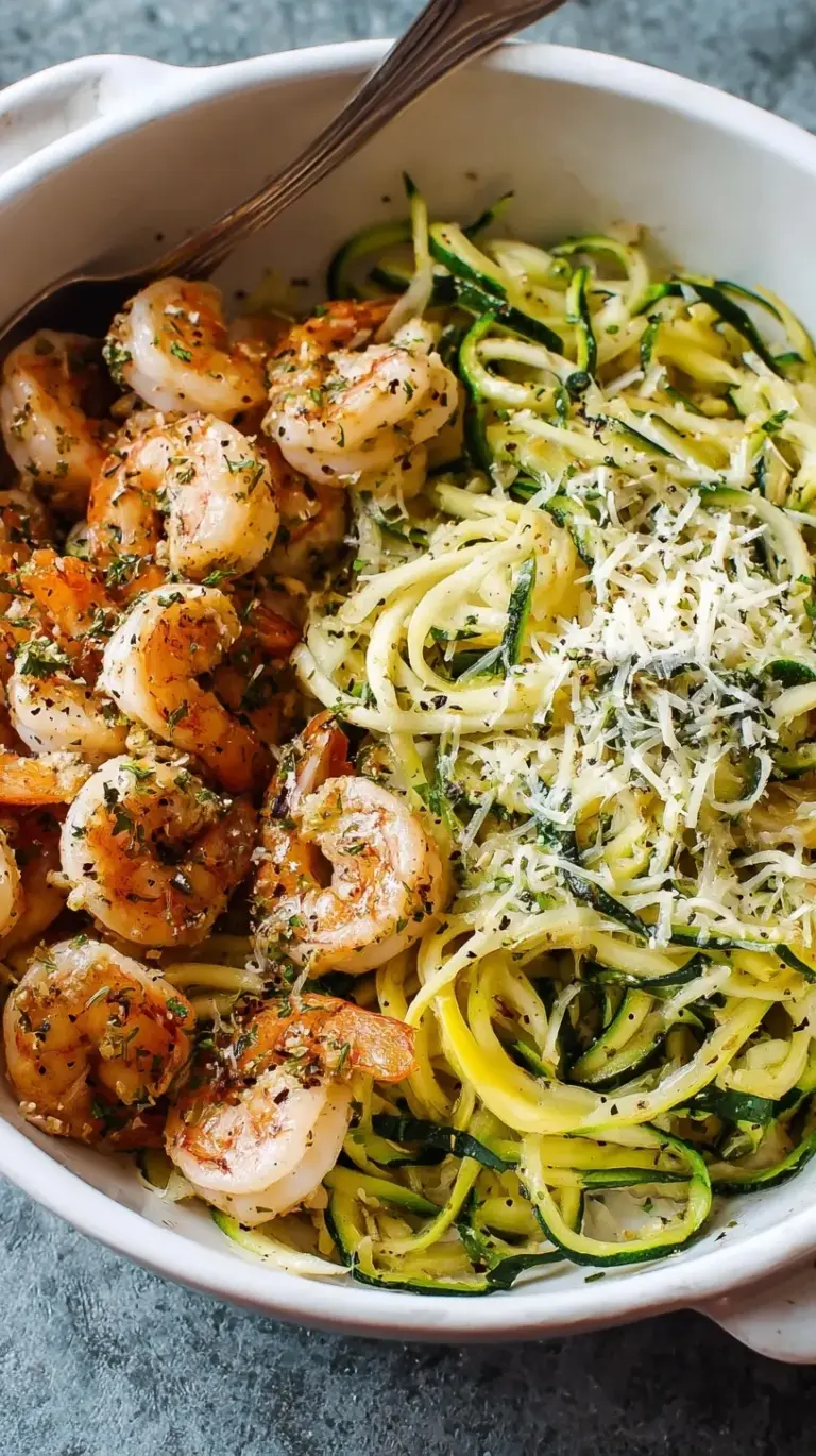 A skillet of pan-seared shrimp and spiralized zucchini with garlic and parsley.