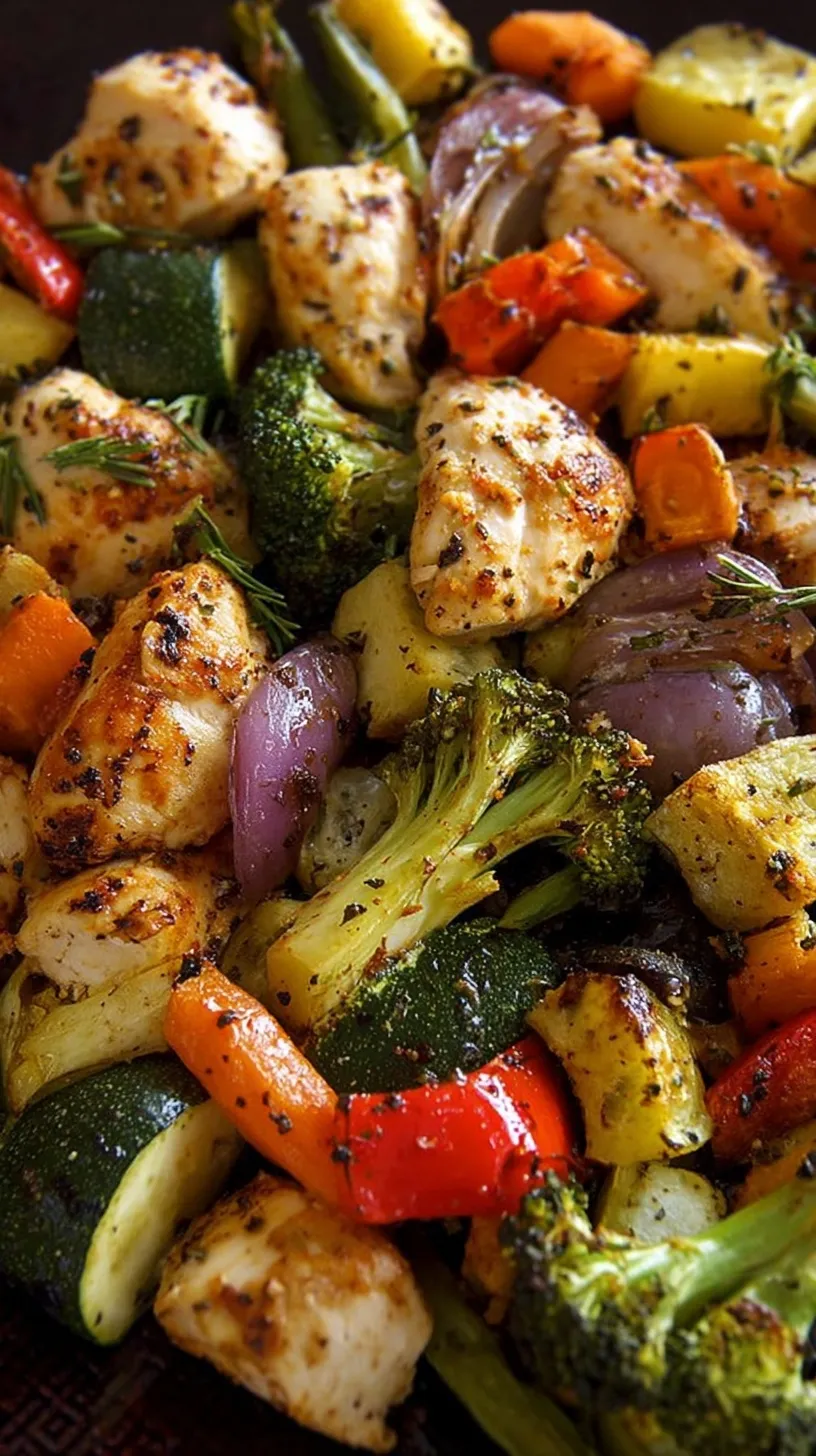 A sheet pan filled with golden roasted chicken cubes, green broccoli, red peppers, and zucchini.