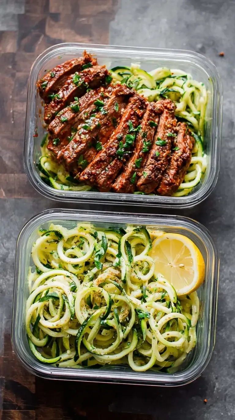 Seared steak bites and zucchini noodles in a garlic butter sauce inside a cast iron skillet.