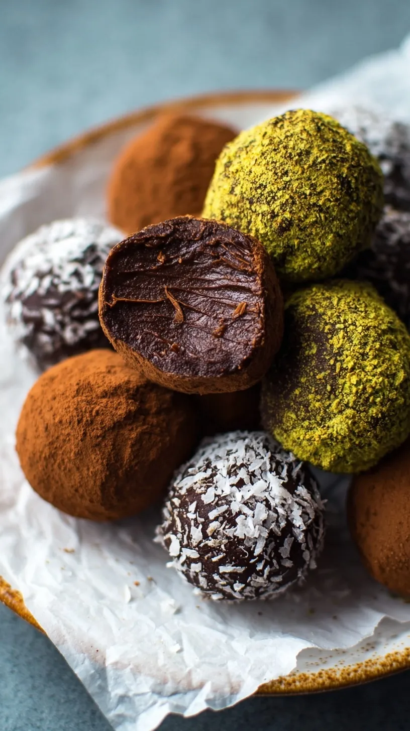 Close up of smooth dark chocolate truffles dusted with cocoa powder on a white plate.