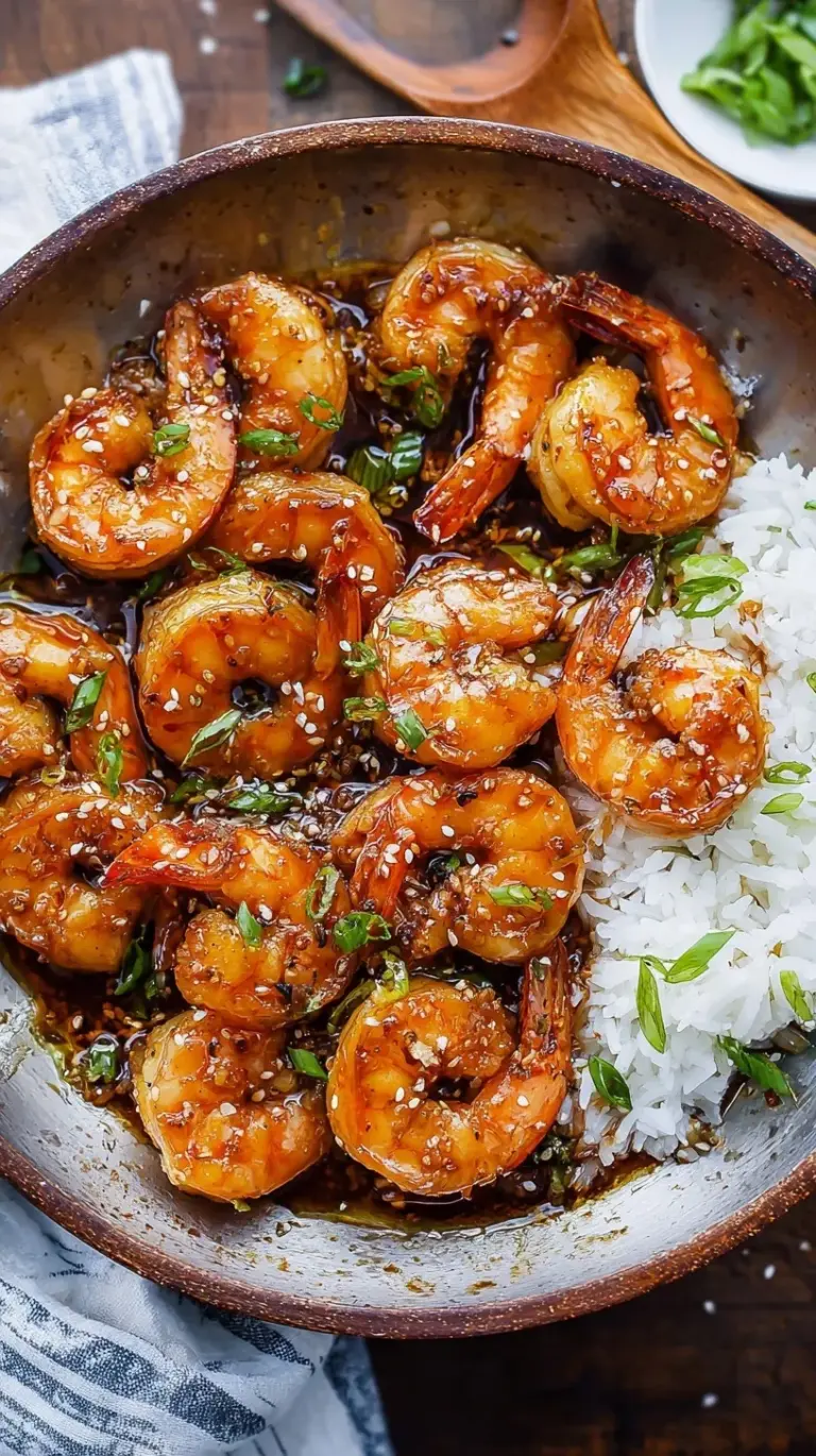 A skillet of glistening honey garlic shrimp garnished with green onions and sesame seeds