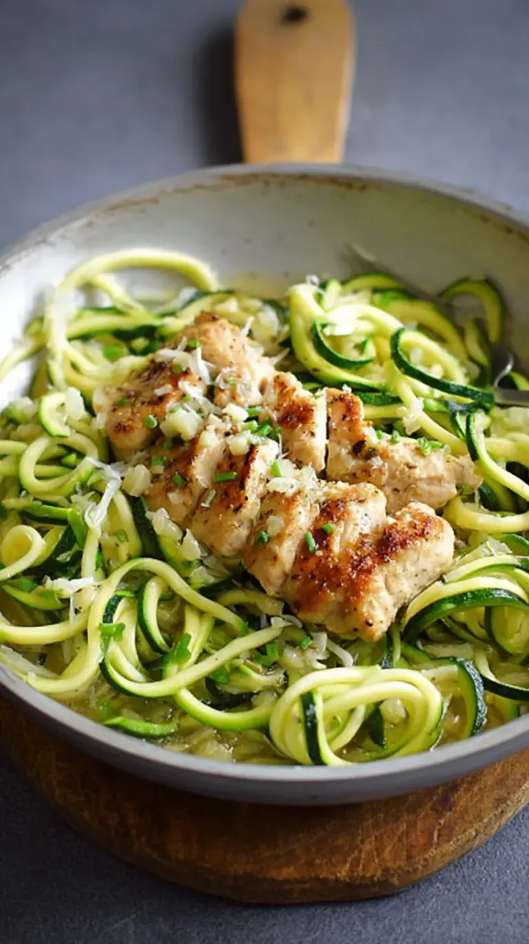 Pan-seared chicken strips with spiralized zucchini noodles and fresh garlic in a skillet