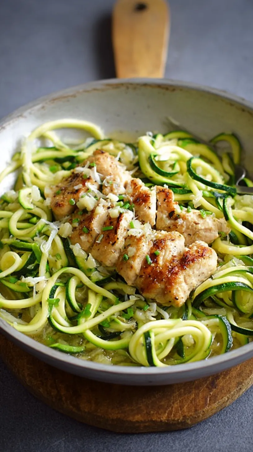Pan-seared chicken strips with spiralized zucchini noodles and fresh garlic in a skillet