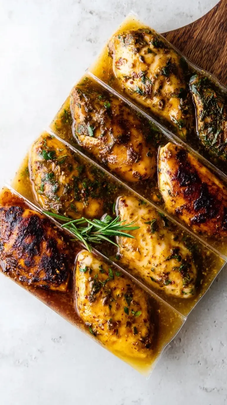 A vibrant spread of marinated chicken pieces in different bowls, showcasing 6 simple chicken marinades.