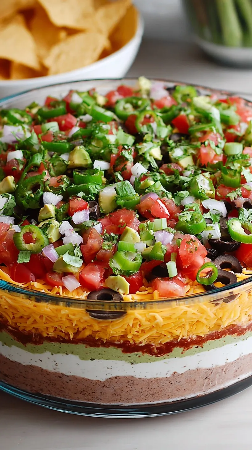 A vibrant, colorful classic 7 Layer Dip in a clear glass dish, surrounded by tortilla chips, ready for serving.