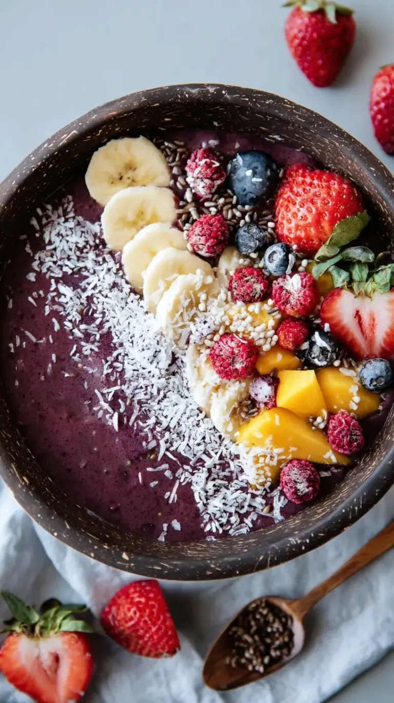 A vibrant purple acai bowl topped with sliced bananas, granola, and chia seeds.