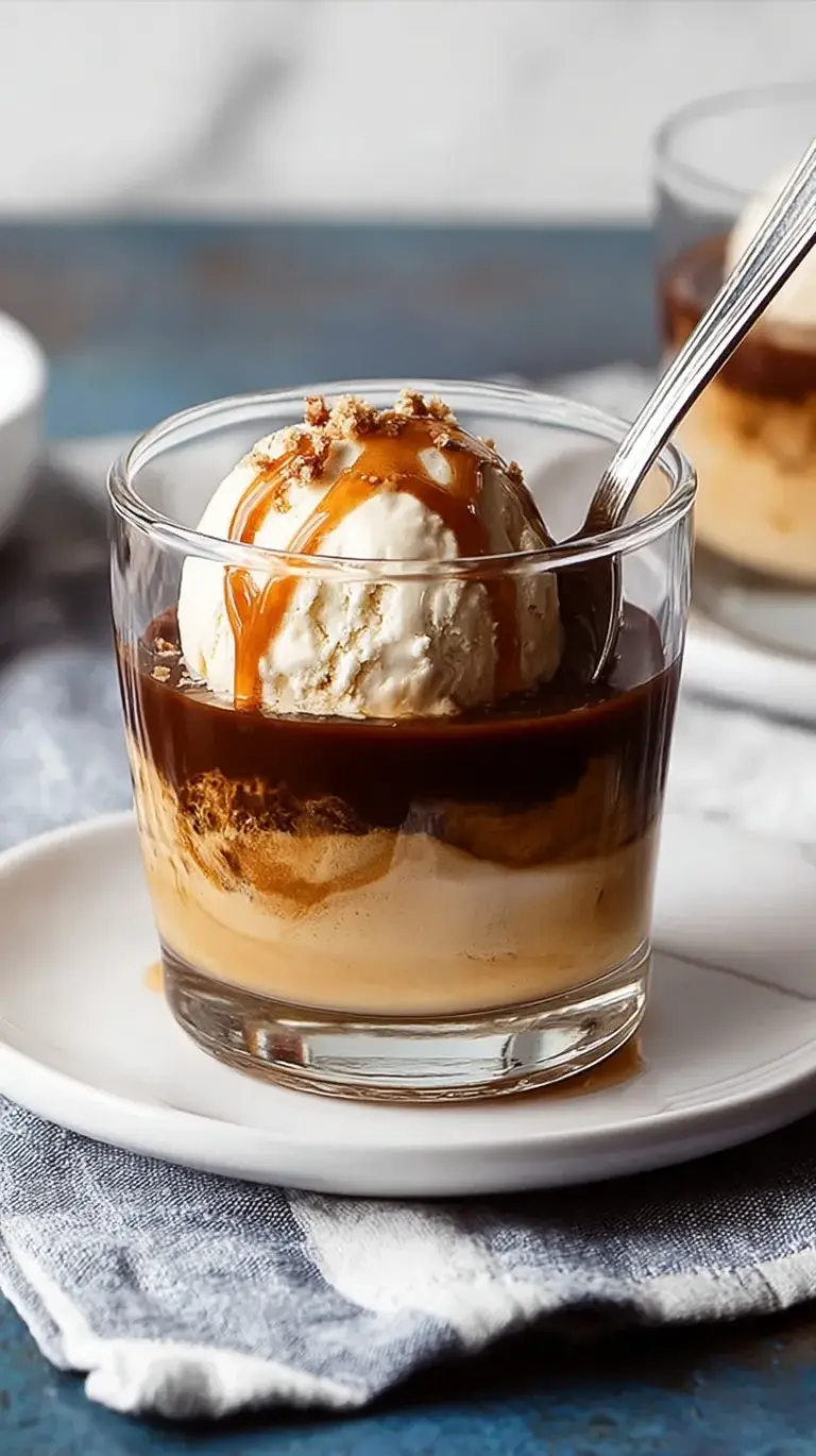 A close-up of a glass of Affogato, showing dark espresso cascading over a scoop of white vanilla ice cream, with a spoon resting in the glass.