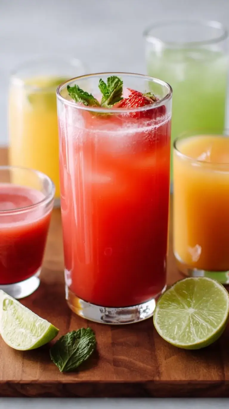 A chilled glass of bright pink watermelon agua fresca with ice and a mint sprig garnish.