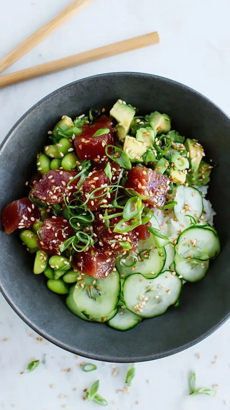 A beautifully arranged Ahi Tuna Poke Bowl with cubed tuna, avocado, cucumber, rice, and sesame seeds, ready to be enjoyed.