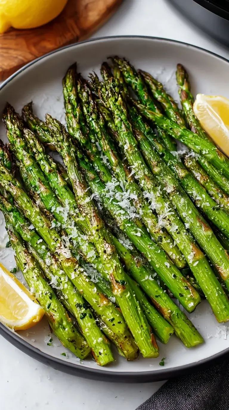 Close-up of perfectly cooked, vibrant green air fryer asparagus spears seasoned with salt and pepper, ready to serve.