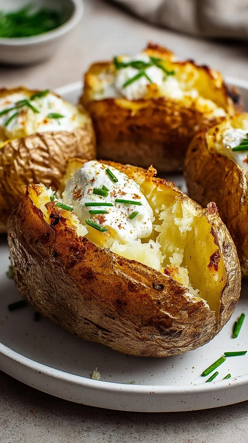 A crispy salted air fryer baked potato sliced open with a pat of melting butter and fresh chives.