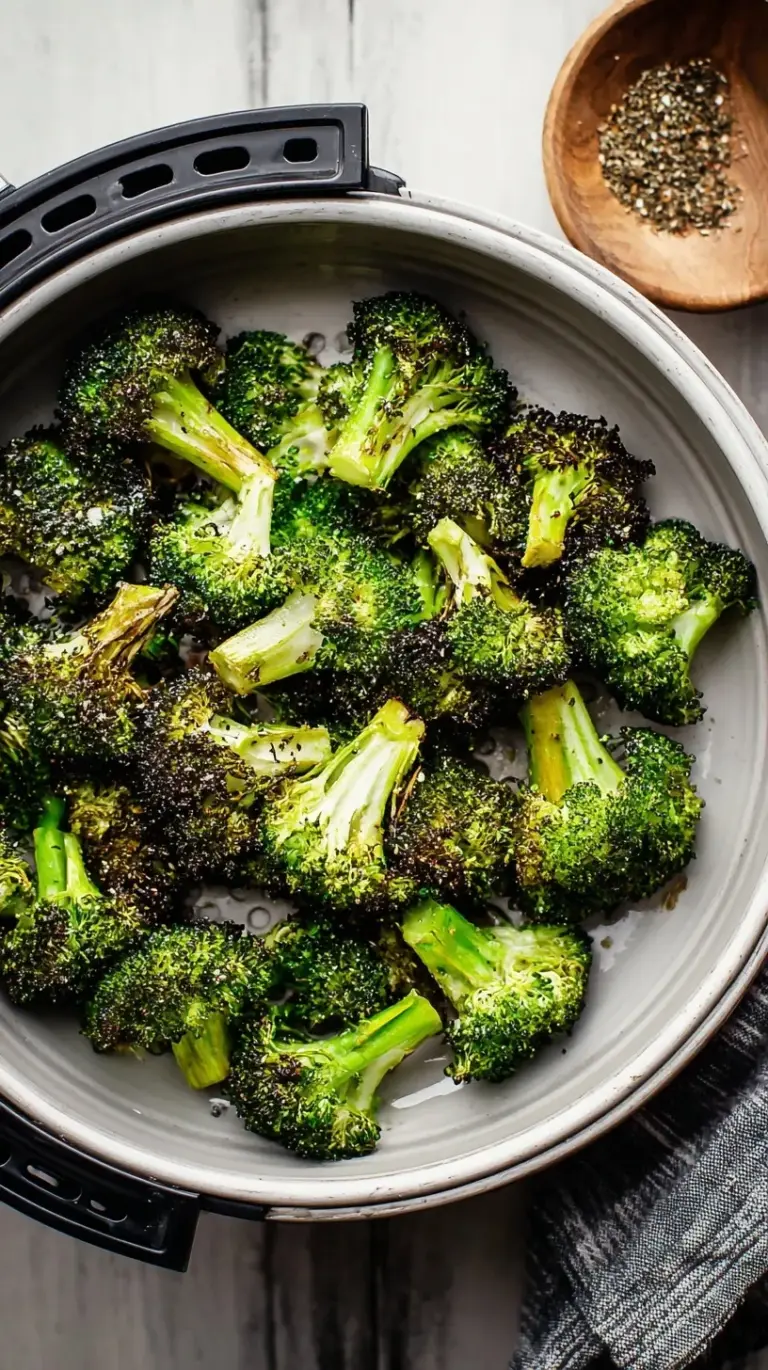 Crispy charred air fryer broccoli florets in a white bowl with lemon wedges