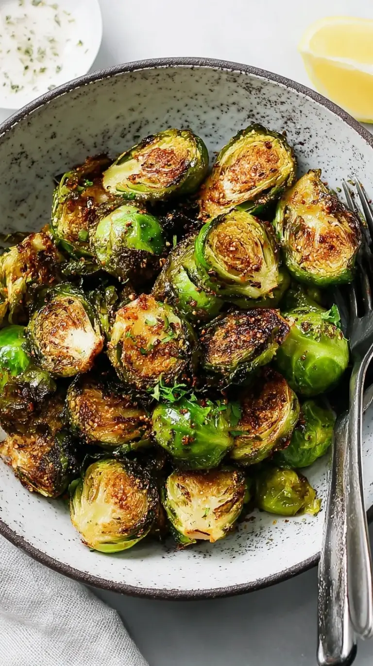 Golden brown crispy air fryer brussels sprouts drizzled with balsamic glaze in a white bowl