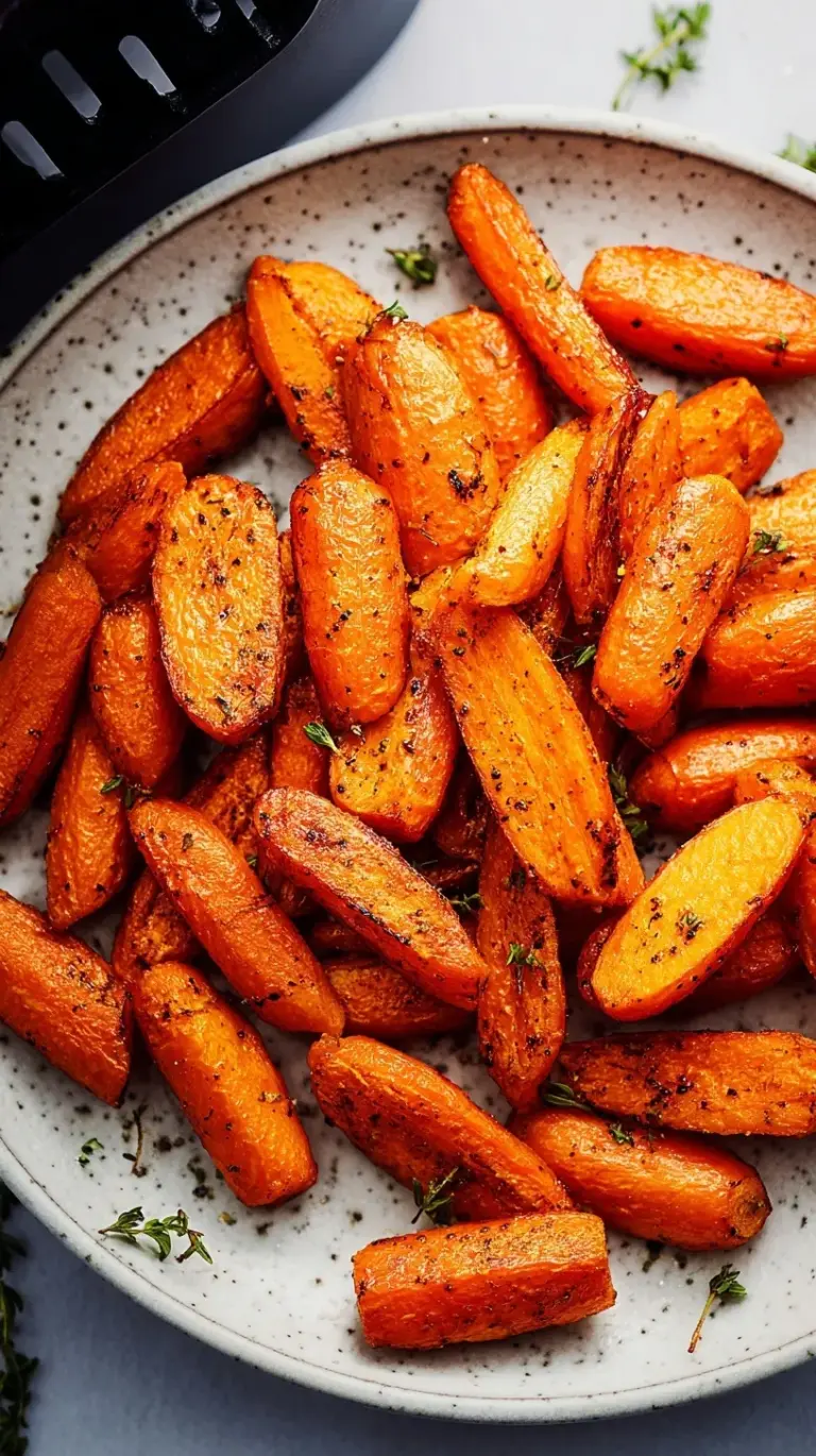 Close-up of golden brown, tender Air Fryer Carrots seasoned with fresh herbs in a rustic white bowl.