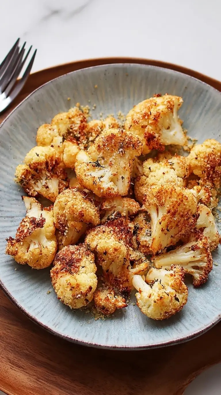 Golden brown and crispy air fryer cauliflower florets garnished with fresh parsley in a white bowl.