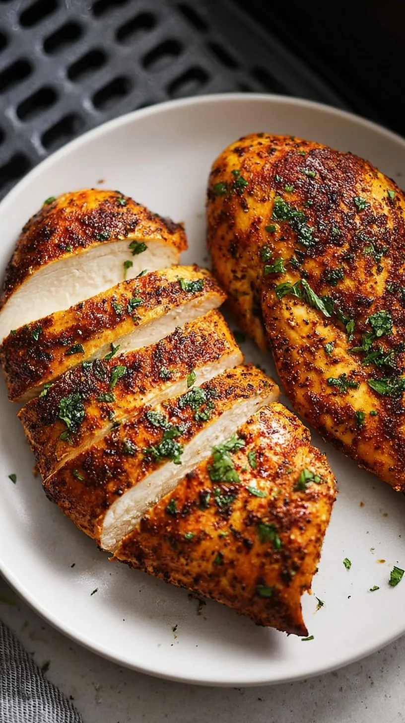 Golden brown air fryer chicken breast sliced on a white plate showing juicy interior