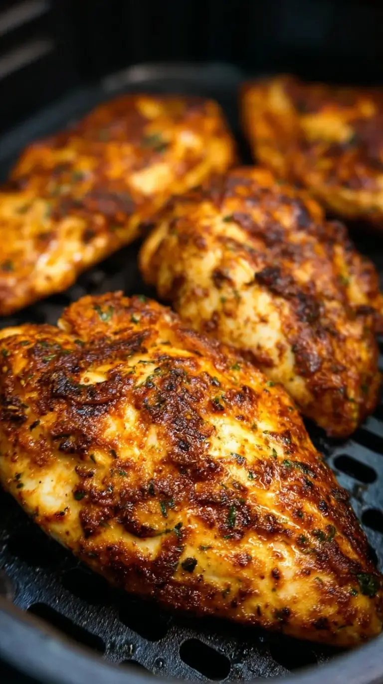 Golden brown seasoned chicken breasts resting on a wooden board