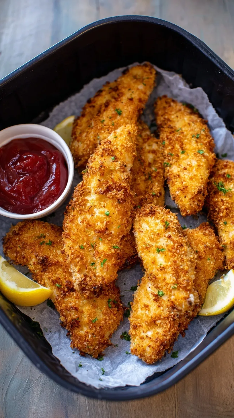 Golden brown crispy air fryer chicken tenders served on a wooden board with dipping sauce