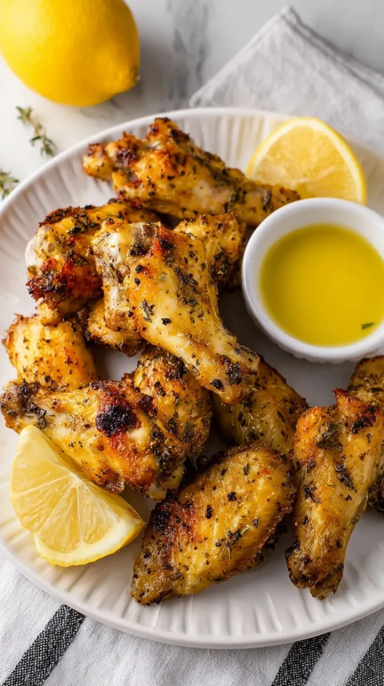 Crispy golden Air Fryer Chicken Wings with Lemon Pepper seasoning on a white plate garnished with fresh lemon slices