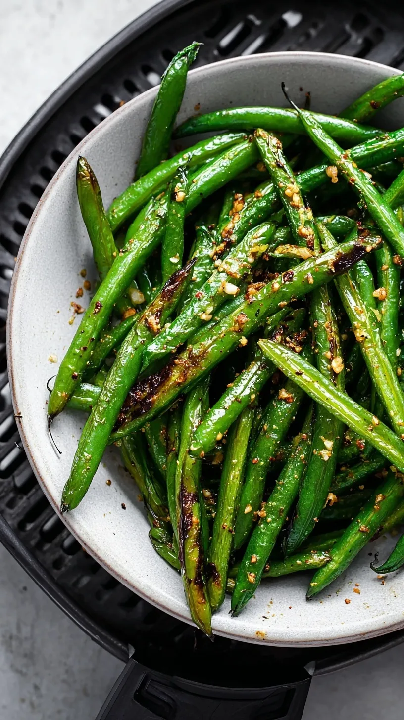 A bowl of crispy air fryer green beans with slightly charred tips and garlic seasoning.