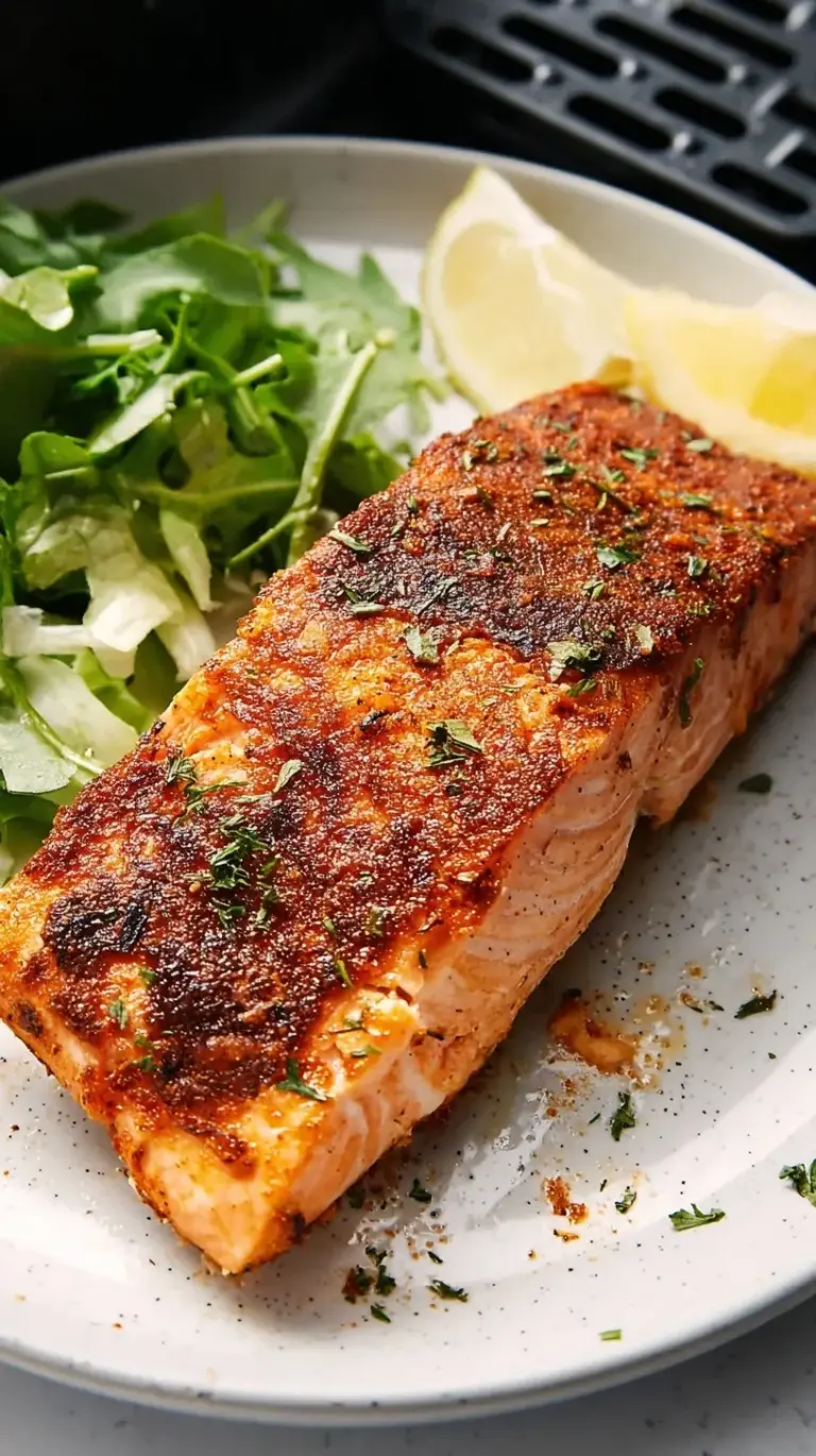 Crispy golden Air Fryer Salmon fillet with lemon wedges and fresh dill on a plate, ready to serve.