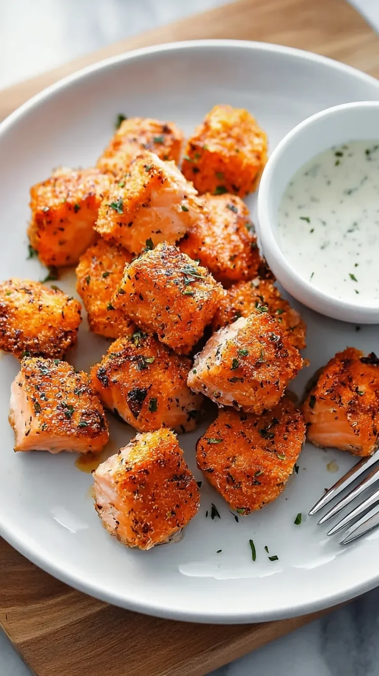 Golden crispy Air Fryer Salmon Bites on a white plate with lemon wedges and fresh herbs