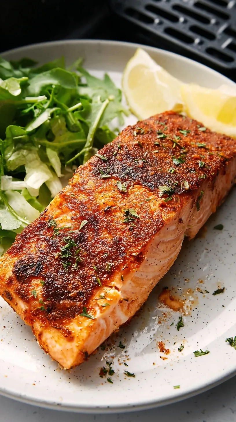Crispy golden Air Fryer Salmon fillet with lemon wedges and fresh dill on a plate, ready to serve.