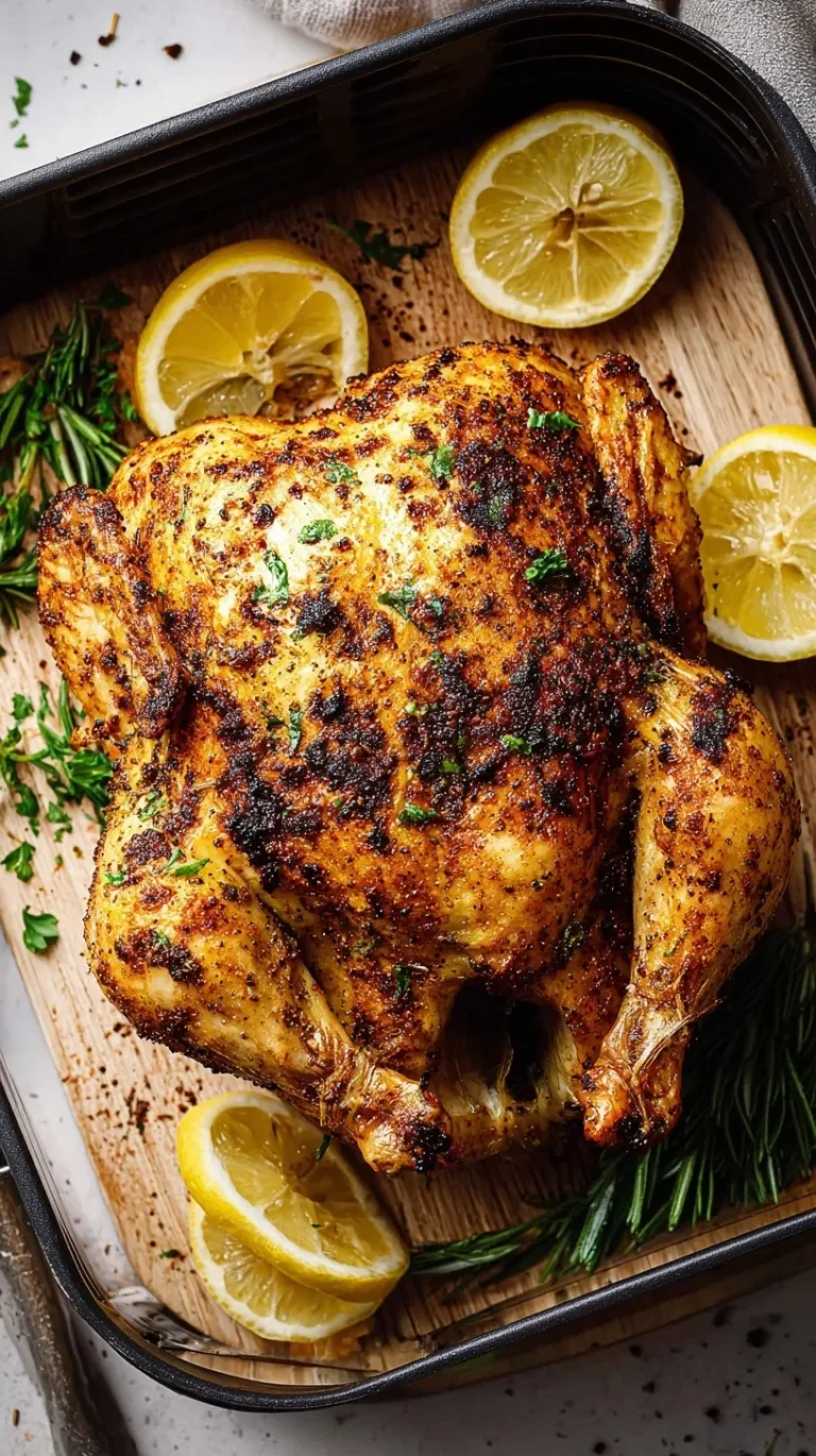 Golden crispy air fryer whole chicken on a white plate with herbs and roasted vegetables