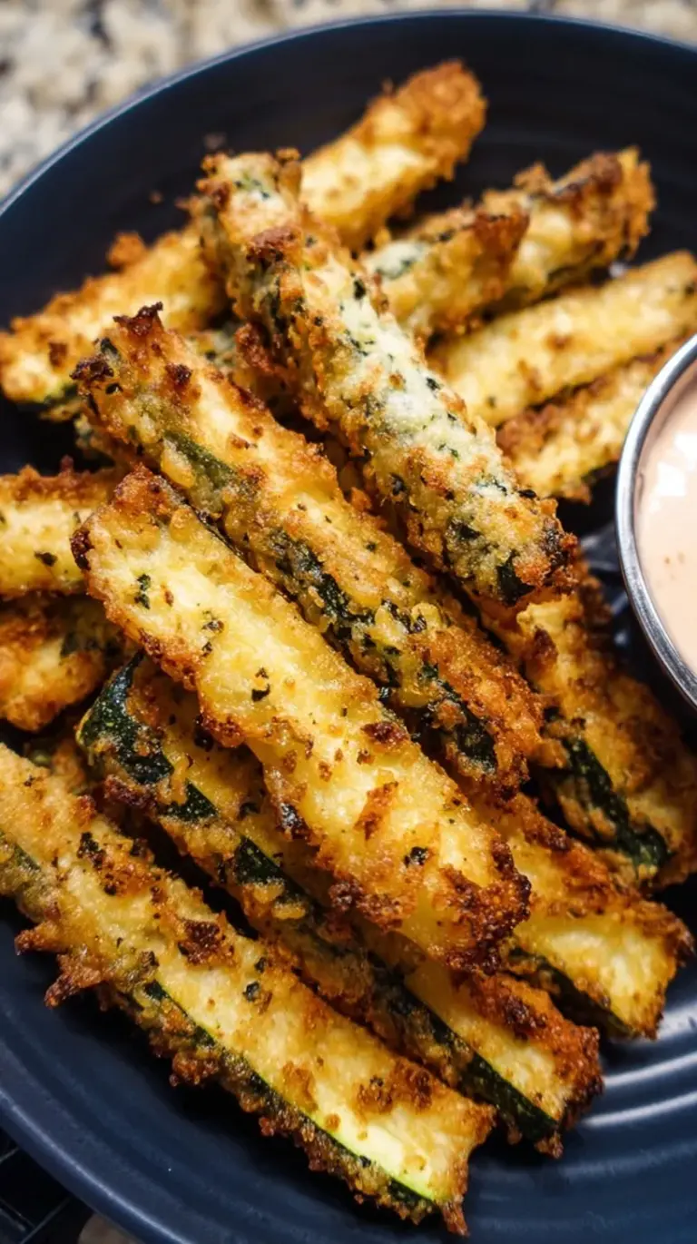 Golden brown crispy zucchini fries piled on a plate with dipping sauce