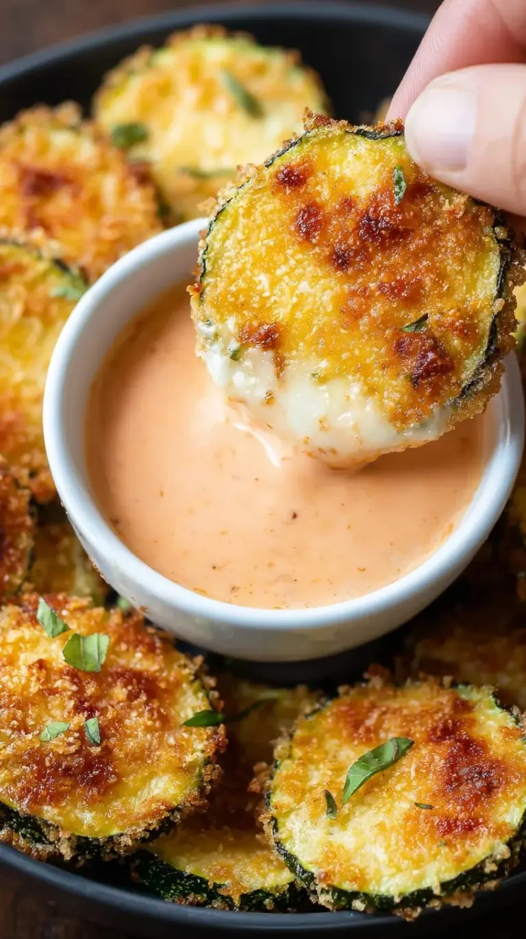 Golden brown crispy air fryer zucchini rounds topped with melted parmesan cheese