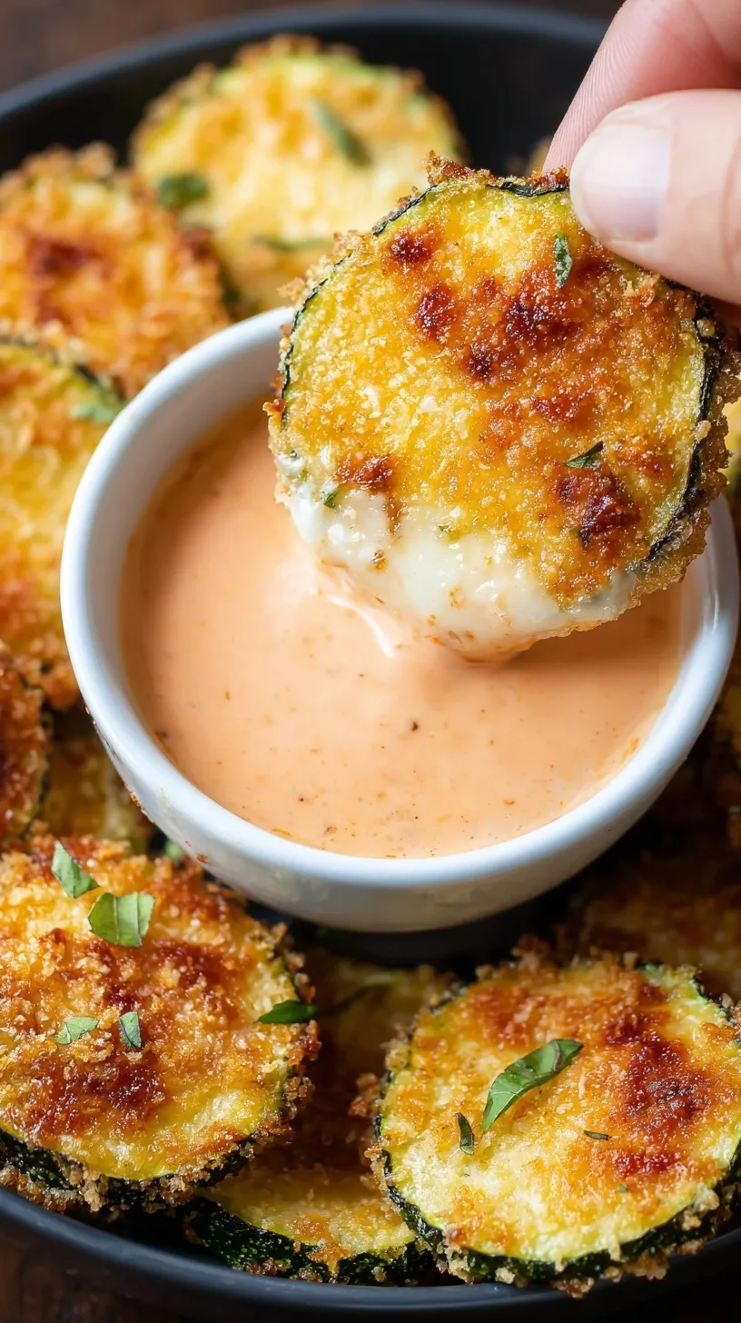 Golden brown crispy air fryer zucchini rounds topped with melted parmesan cheese