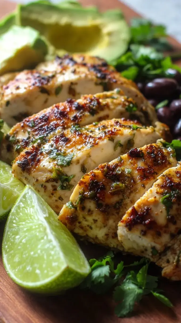 Grilled cilantro lime chicken thighs sliced on a wooden cutting board with fresh lime wedges