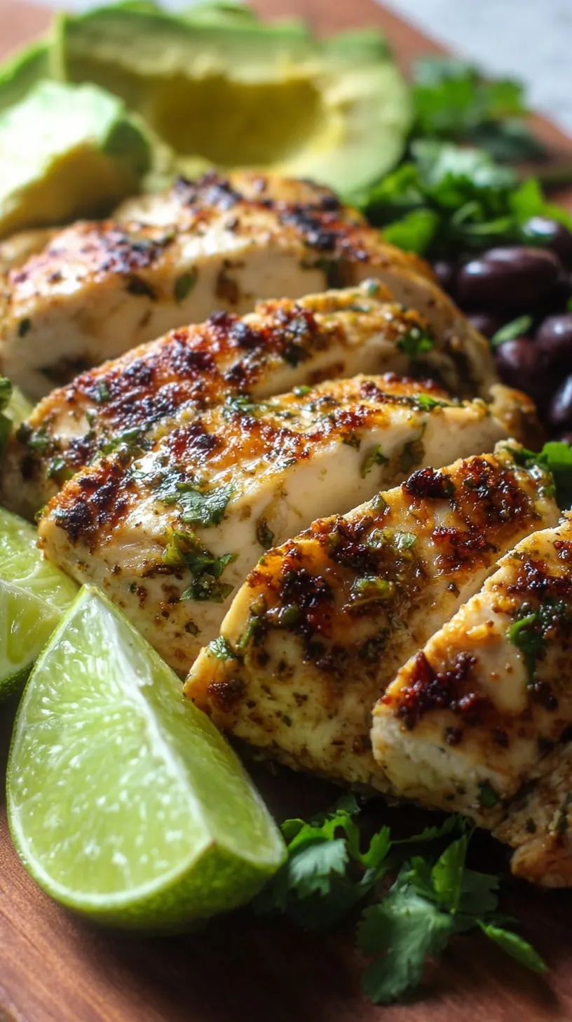 Grilled cilantro lime chicken thighs sliced on a wooden cutting board with fresh lime wedges