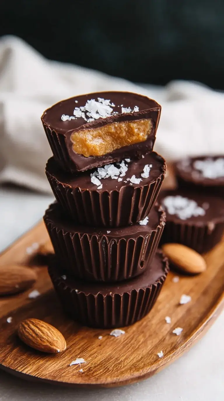 A stack of dark chocolate almond butter cups topped with flaky sea salt on a white plate.
