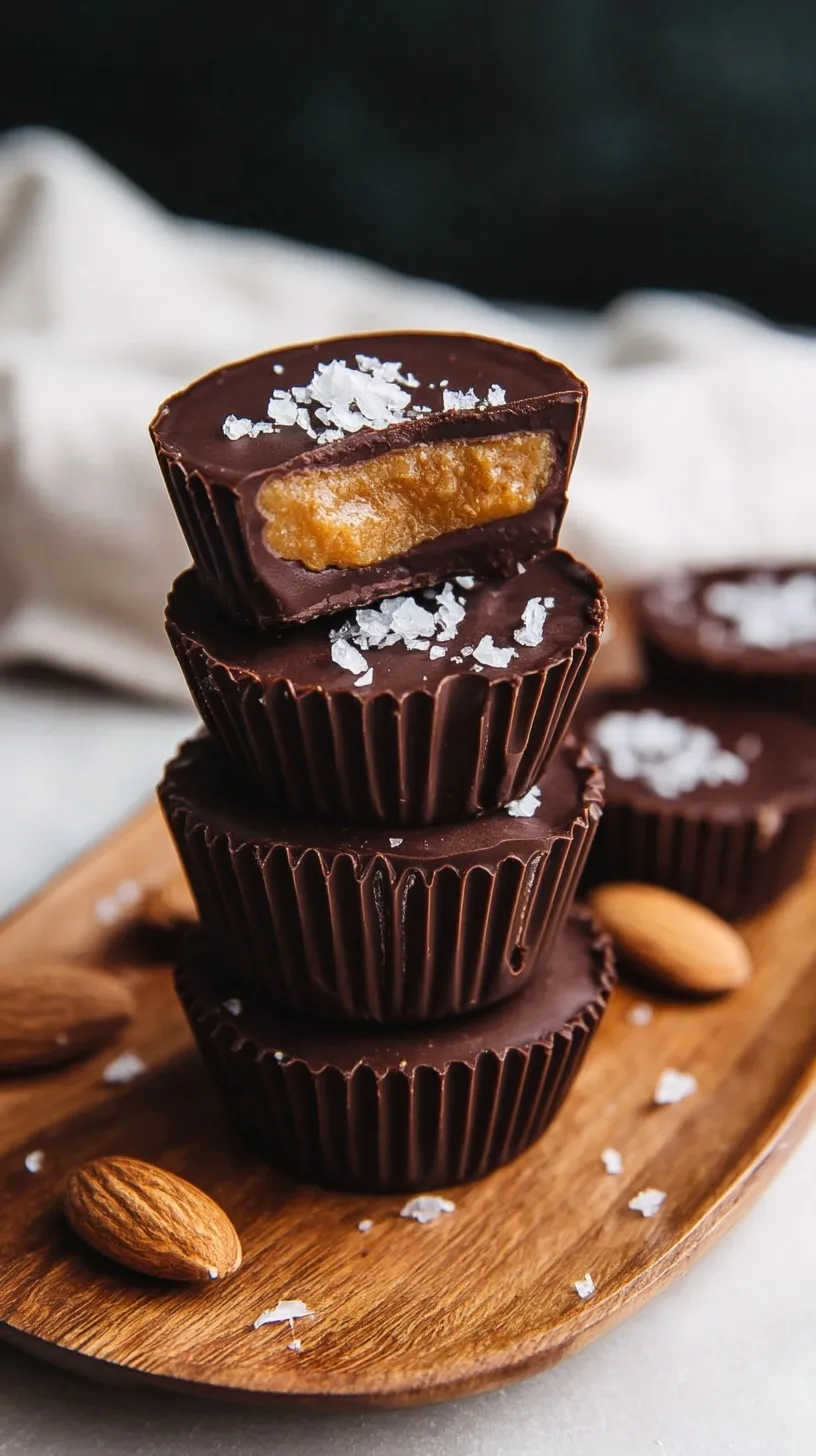 A stack of dark chocolate almond butter cups topped with flaky sea salt on a white plate.