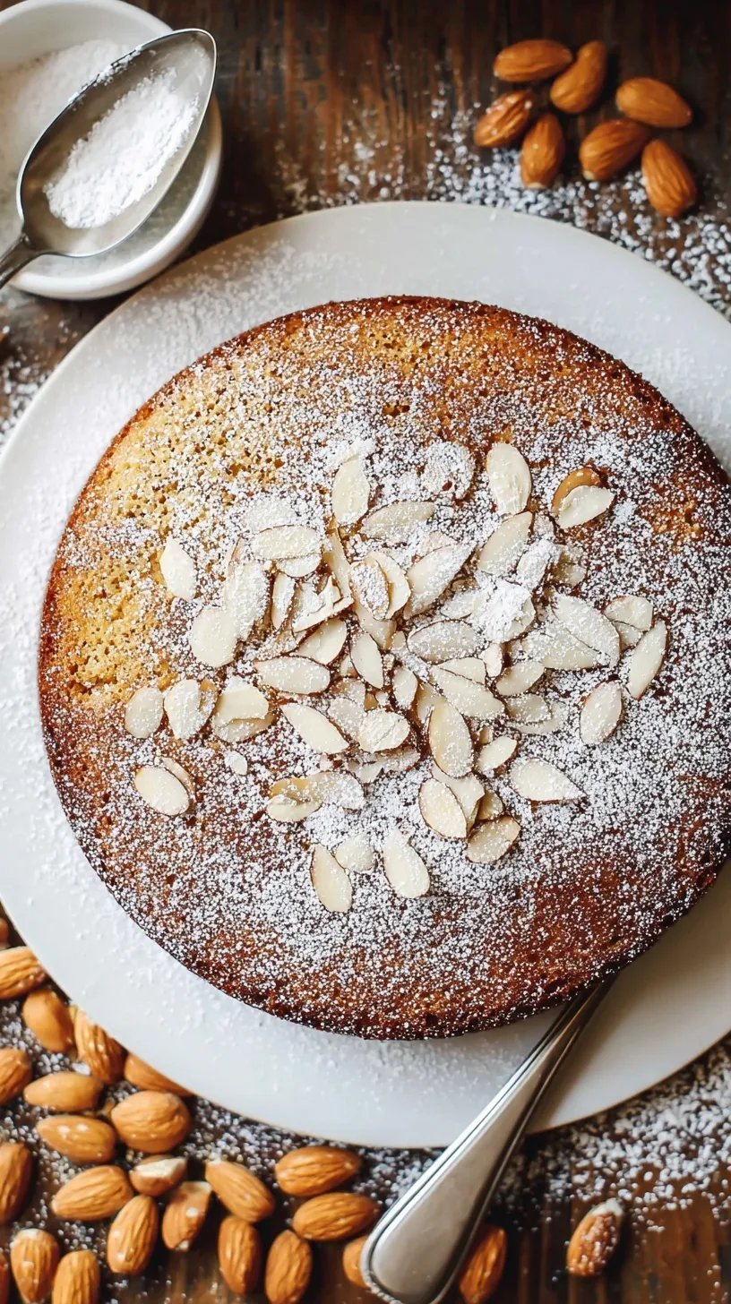 Slice of moist almond cake on a plate with powdered sugar and fresh berries