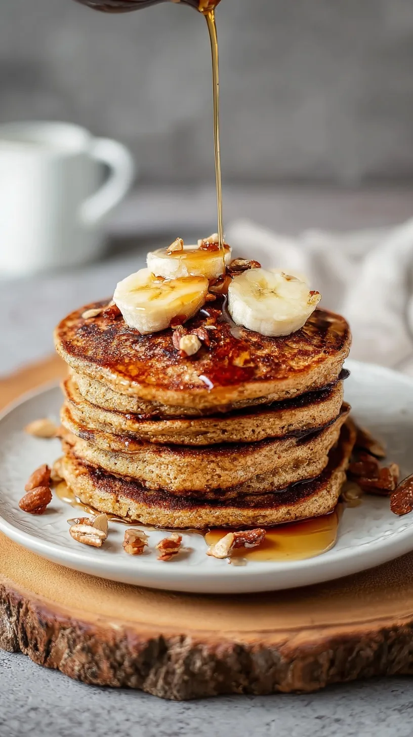 A stack of golden almond flour banana pancakes topped with fresh fruit and syrup.