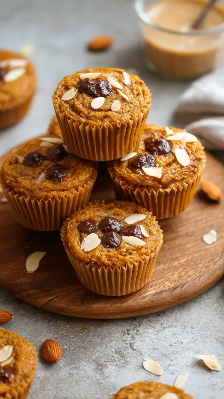 A stack of golden brown almond flour pumpkin muffins on a wire cooling rack.