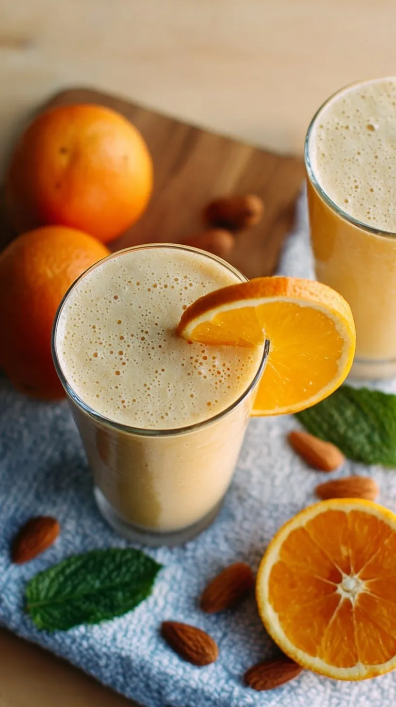 A tall glass of creamy orange smoothie with a swirl of almond butter on top