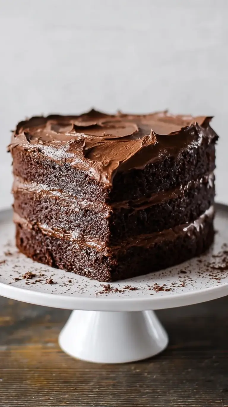 A decadent triple-layer paleo chocolate cake topped with glossy dark chocolate ganache on a wooden cake stand.