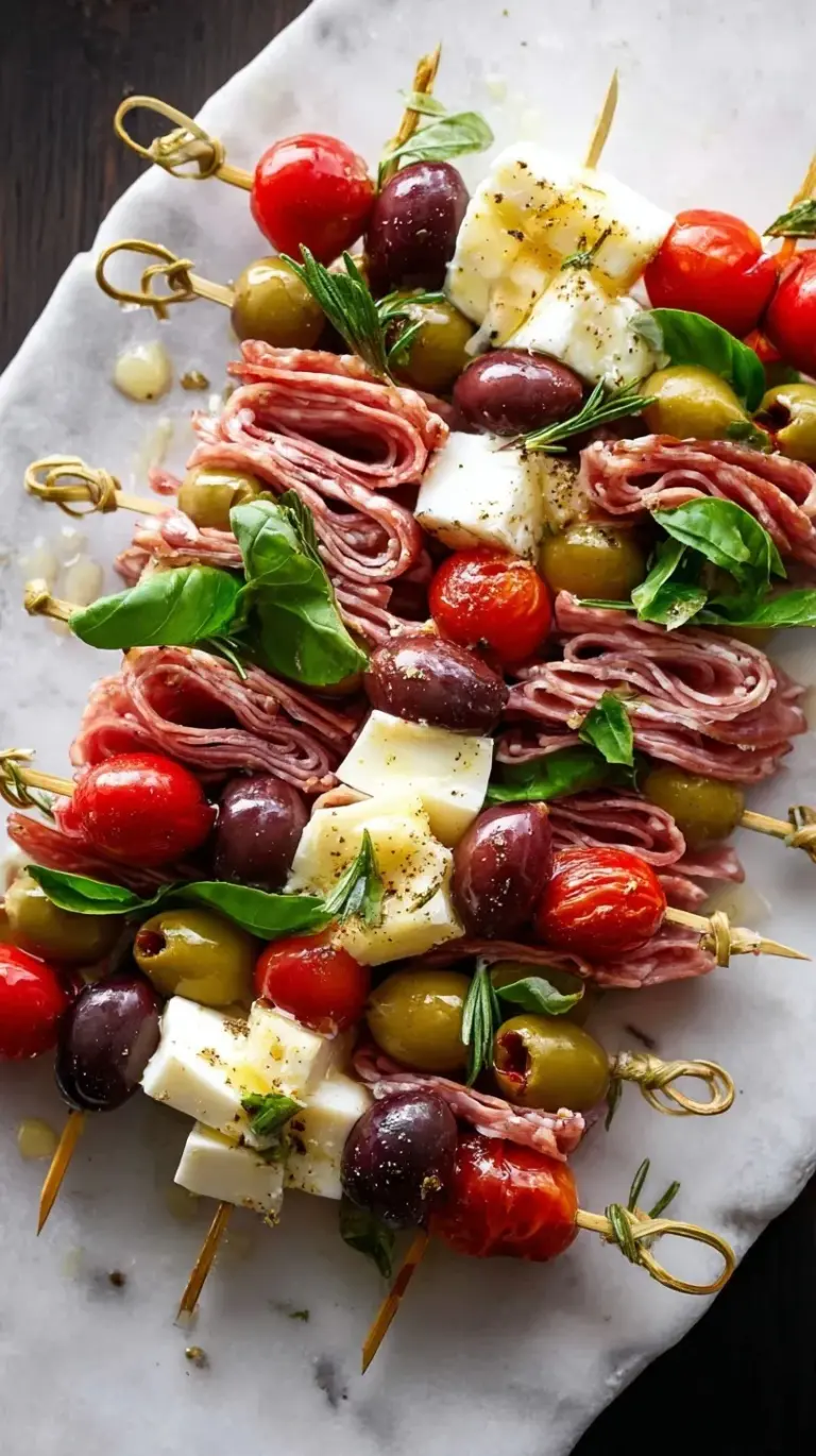 A platter of colorful Antipasto Skewers featuring cherry tomatoes, mozzarella balls, olives, salami, and basil.