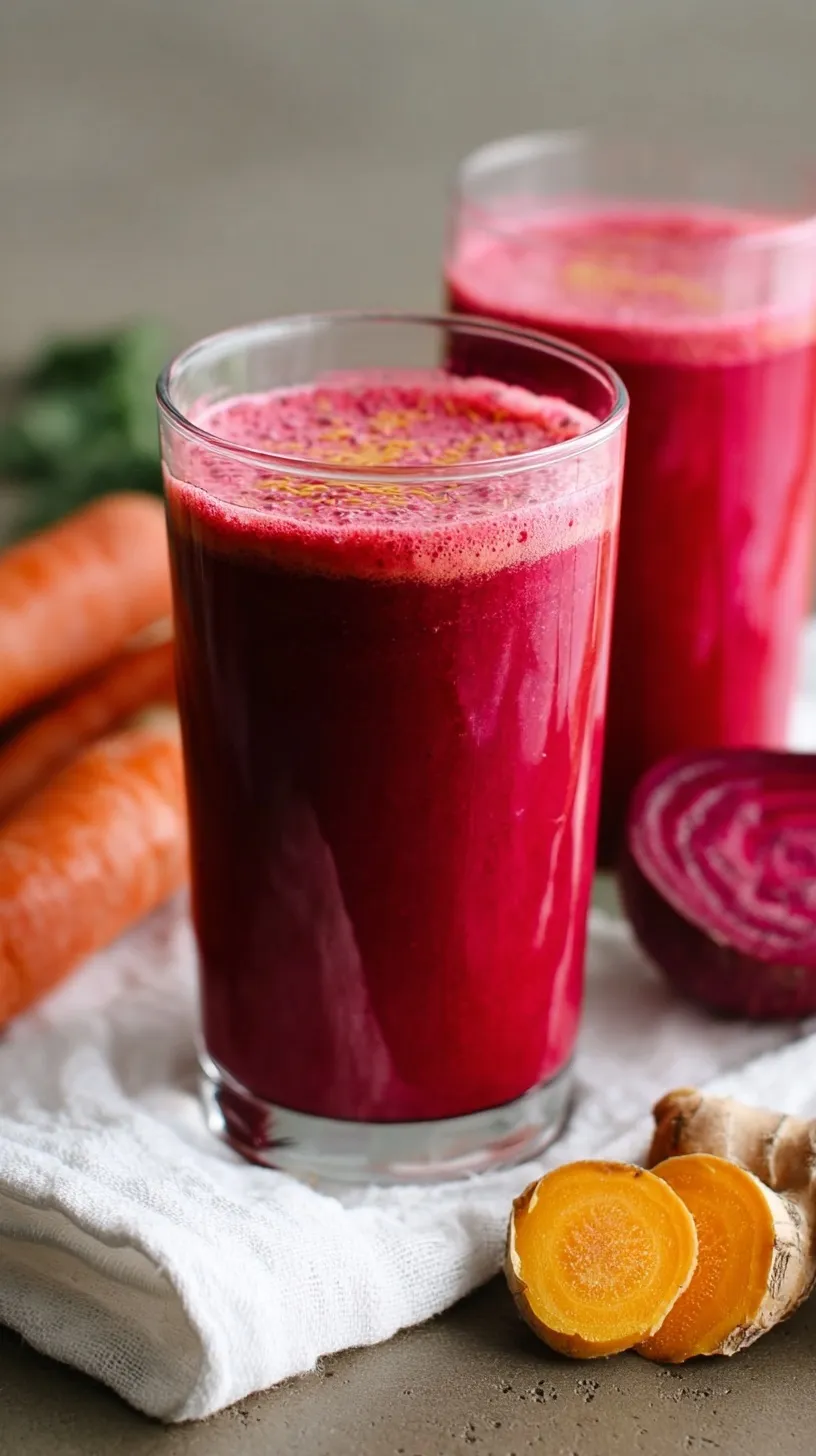 A vibrant red Apple Carrot Beet Smoothie in a glass with a straw