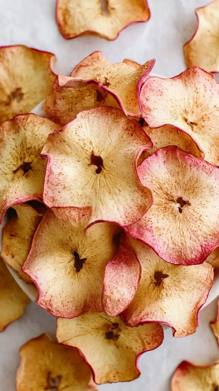 Thinly sliced golden brown apple chips sprinkled with cinnamon on a baking sheet.