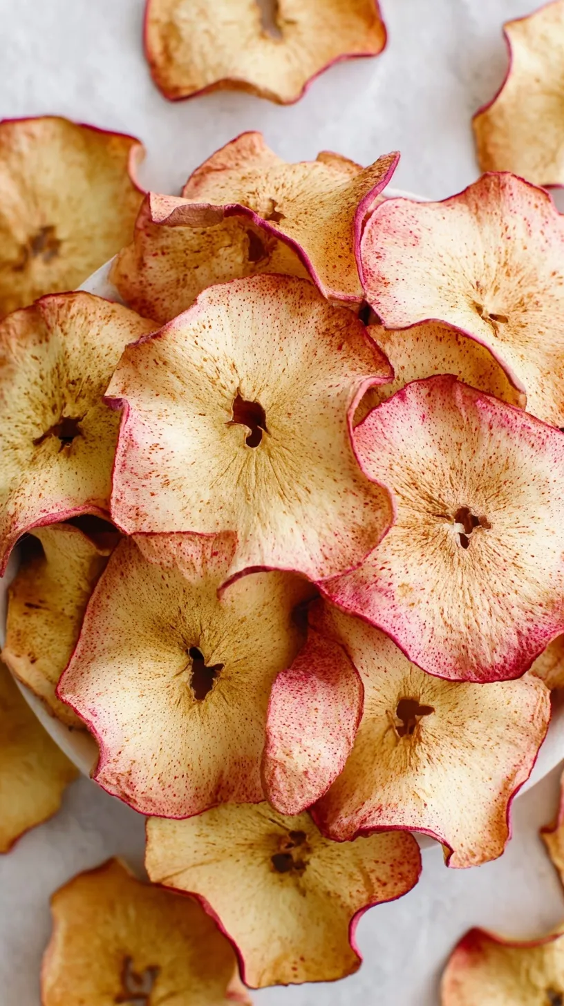 Thinly sliced golden brown apple chips sprinkled with cinnamon on a baking sheet.