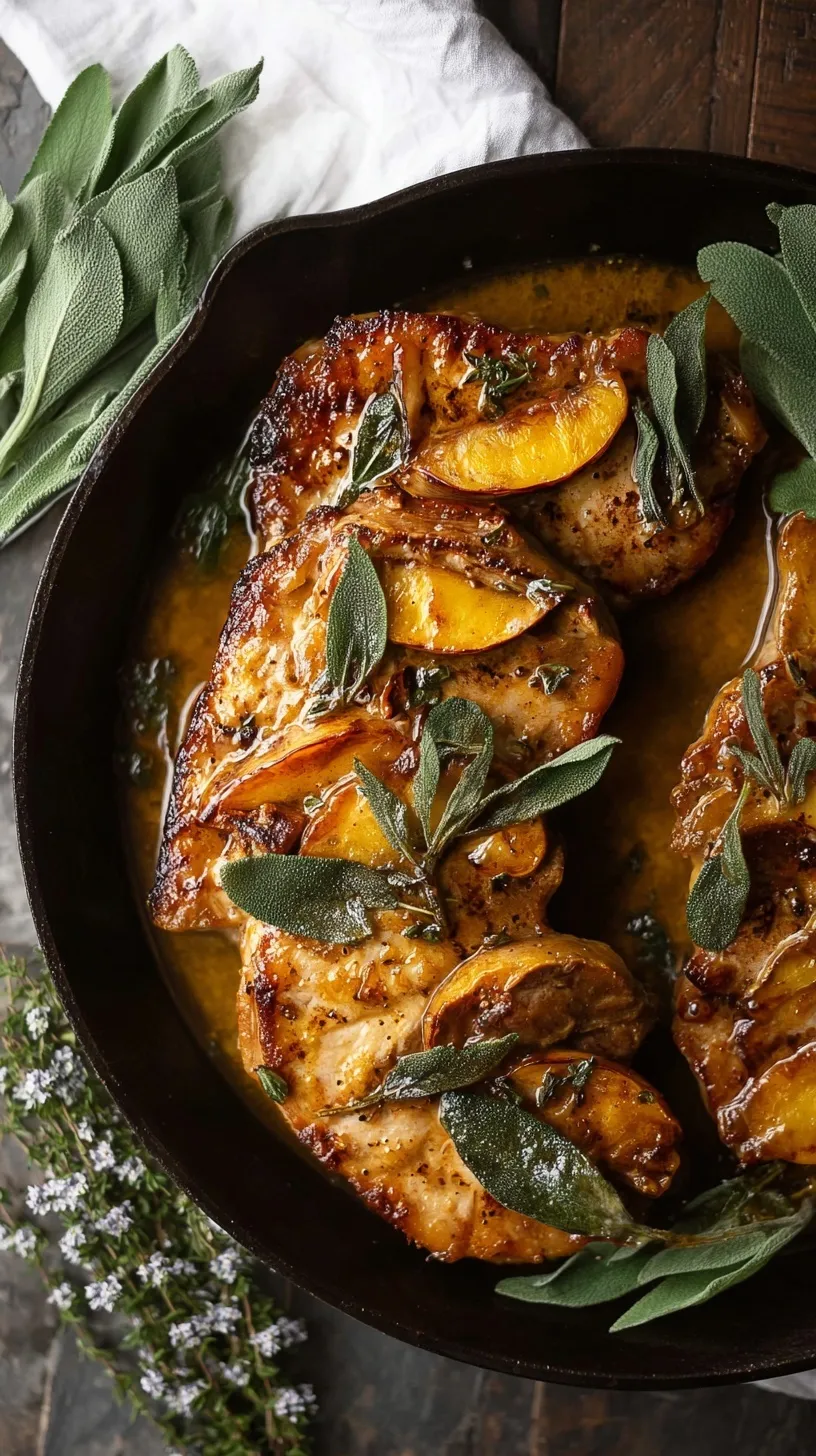 Close-up of golden pan-seared Apple Cider Sage Pork Chops with apples and fresh sage in a skillet.